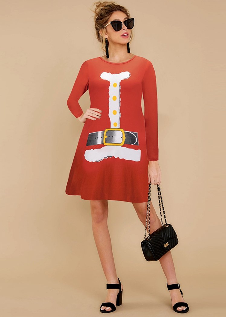 Fashion Christmas Patterns Printing Round Neck Long Sleeve Flared Midi Dress