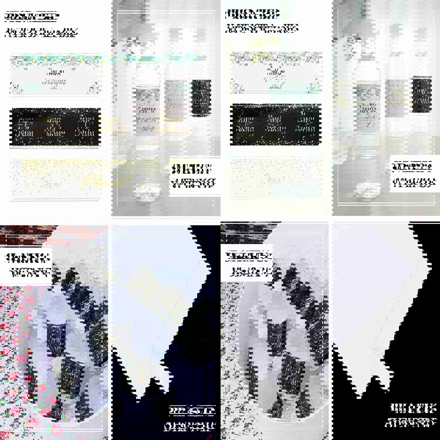 24 Pack Black/Gold Happy Birthday Party Water Bottle Labels, Waterproof Label Stickers