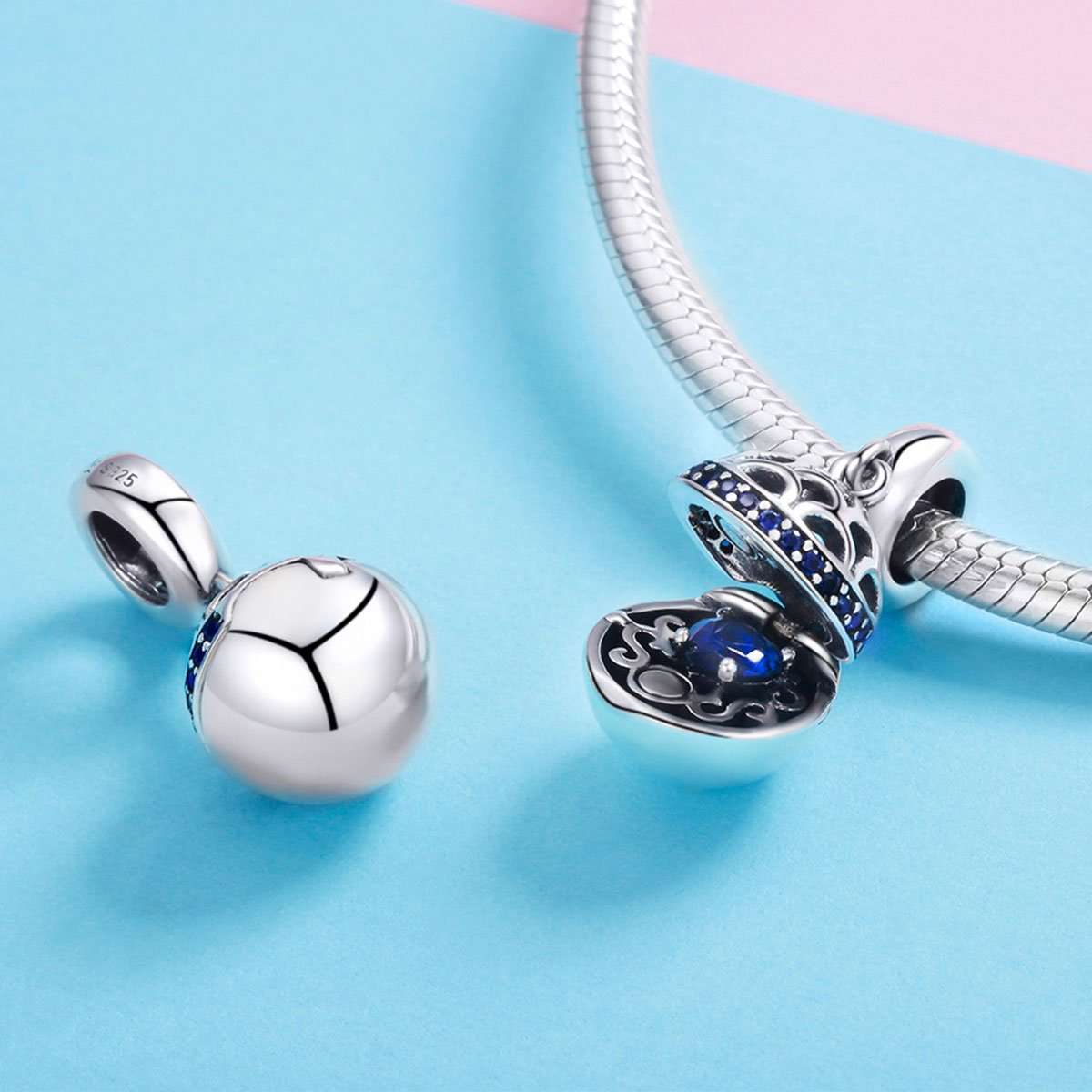 Sterling 925 Silver Hollow Round Box Blue Pendant for Pandora & European Charm Bracelets