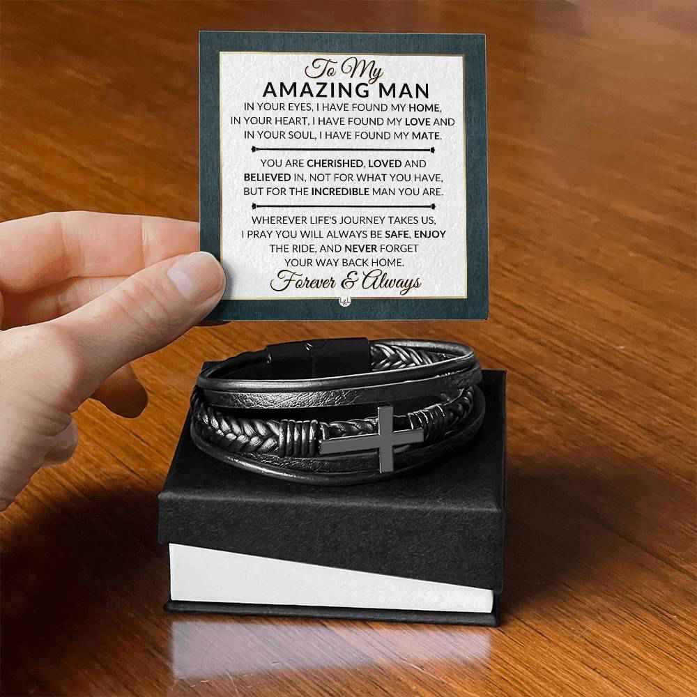 Romantic Mens Braided Leather Bracelet with Cross - Perfect Gift for Him