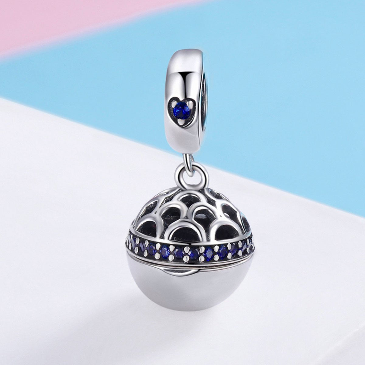 Sterling 925 Silver Hollow Round Box Blue Pendant for Pandora & European Charm Bracelets