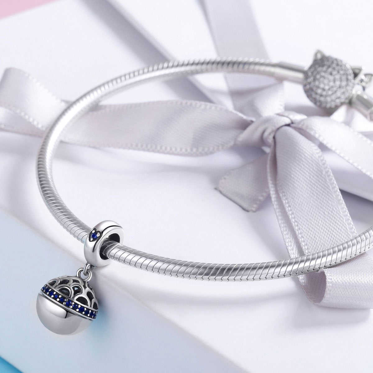 Sterling 925 Silver Hollow Round Box Blue Pendant for Pandora & European Charm Bracelets