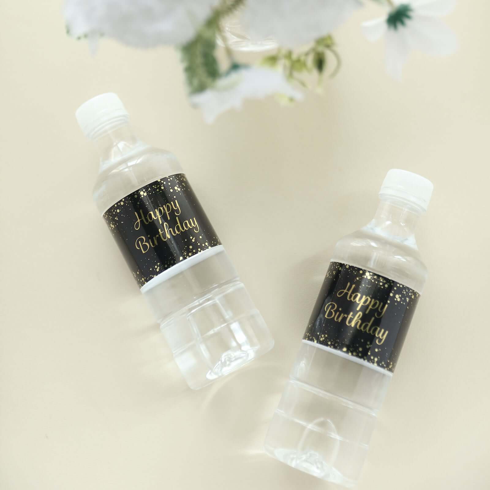 24 Pack Black/Gold Happy Birthday Party Water Bottle Labels, Waterproof Label Stickers