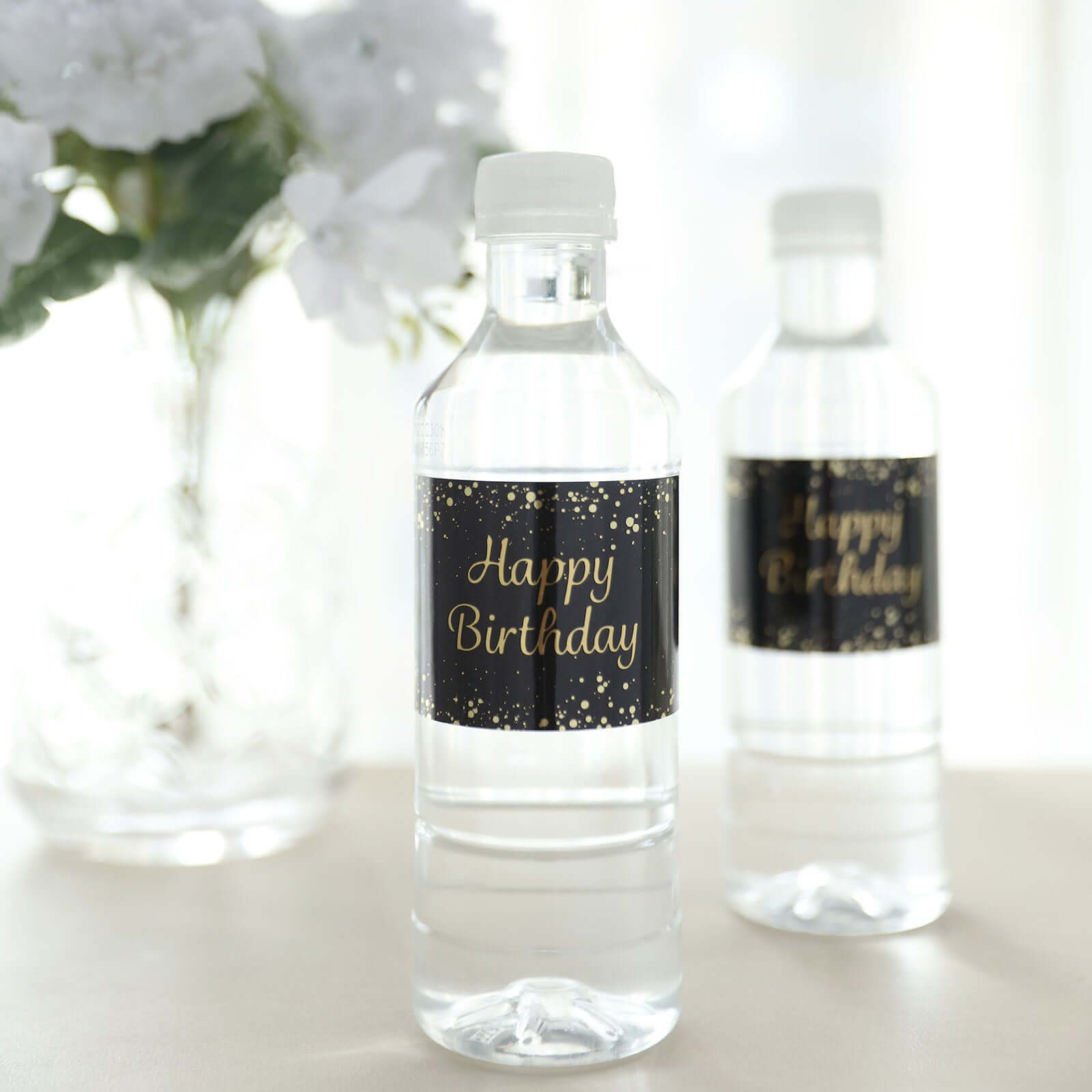 24 Pack Black/Gold Happy Birthday Party Water Bottle Labels, Waterproof Label Stickers