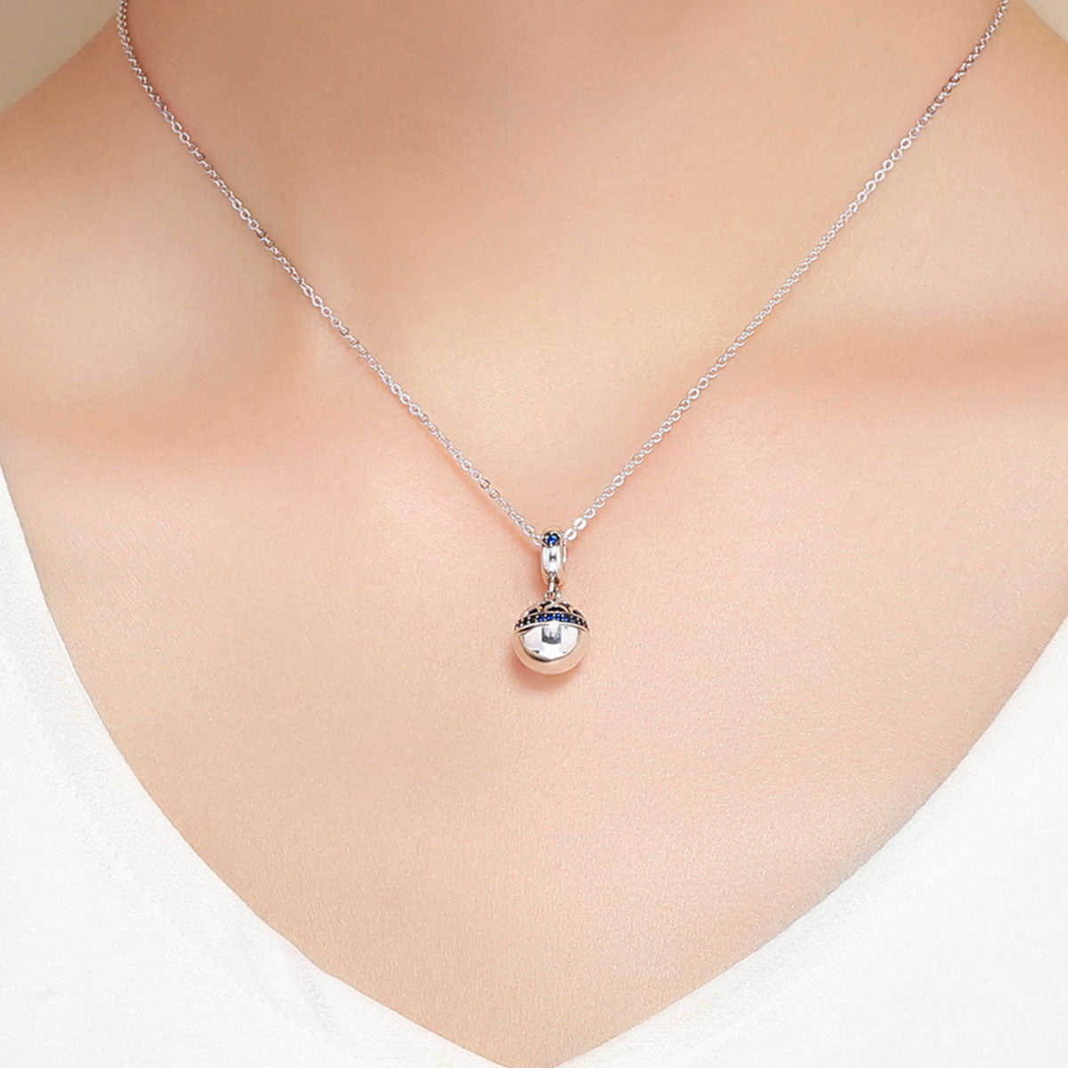 Sterling 925 Silver Hollow Round Box Blue Pendant for Pandora & European Charm Bracelets