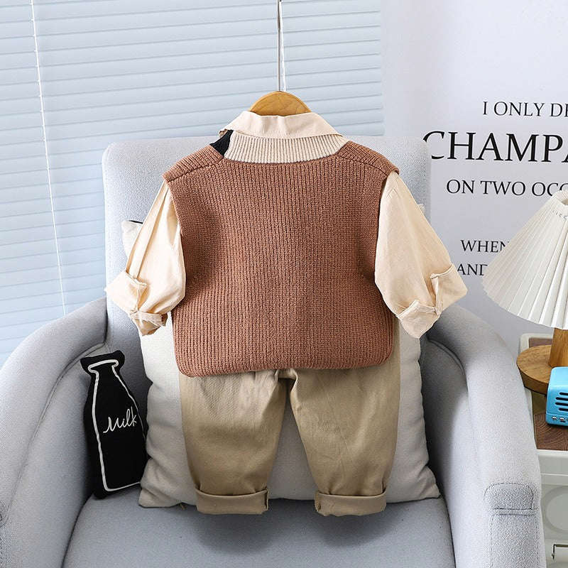 Boys Woolen Vest Long Sleeved Three Piece Suit - Kids Fashion Clothing