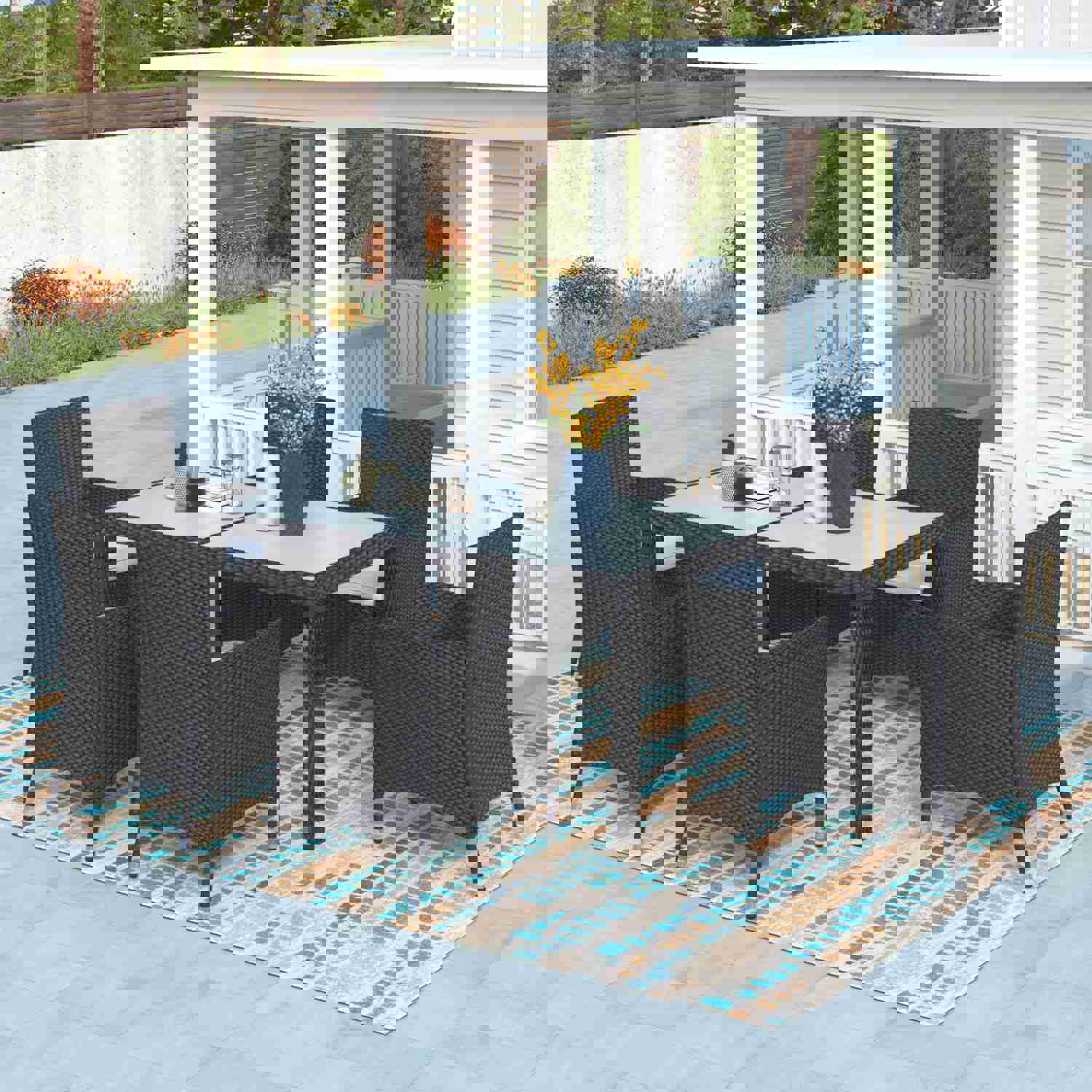 TOPMAX 7-piece Outdoor Wicker Dining Set with Beige Cushion (Black)