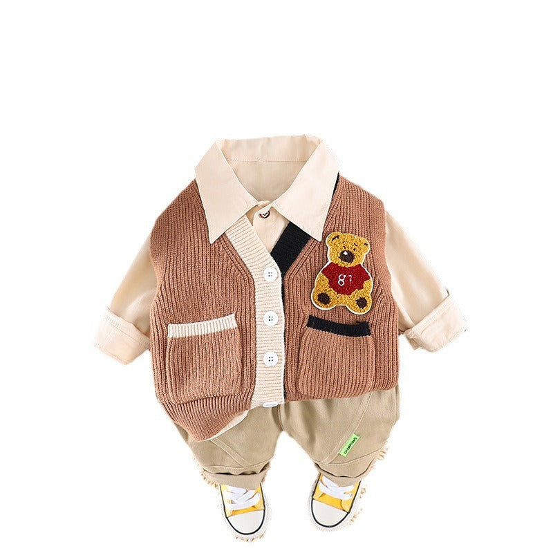 Boys Woolen Vest Long Sleeved Three Piece Suit - Kids Fashion Clothing