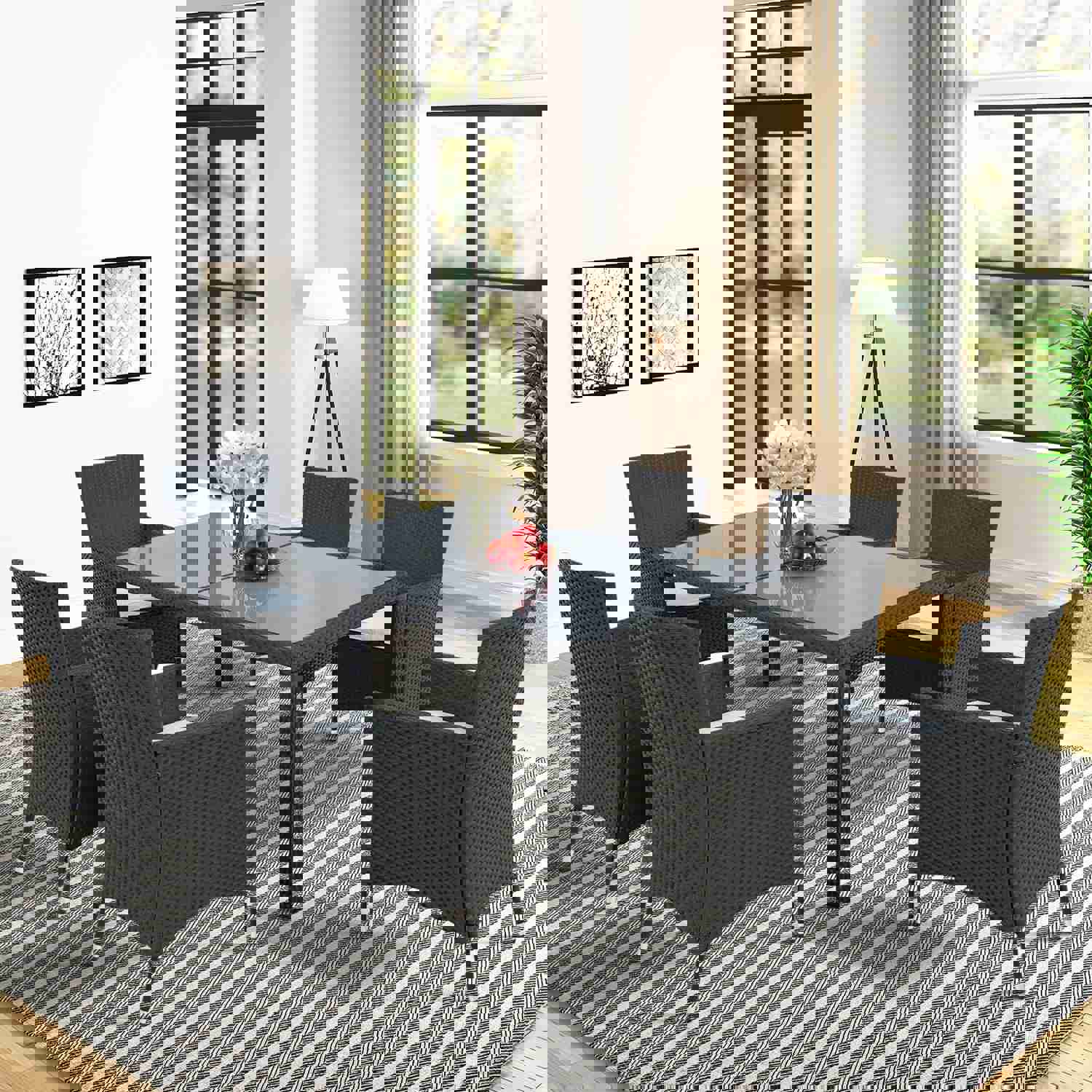 TOPMAX 7-piece Outdoor Wicker Dining Set with Beige Cushion (Black)