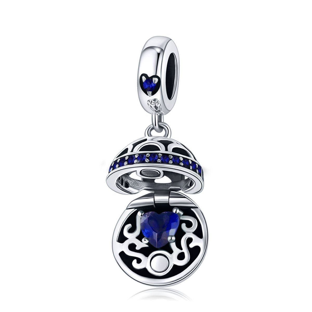 Sterling 925 Silver Hollow Round Box Blue Pendant for Pandora & European Charm Bracelets
