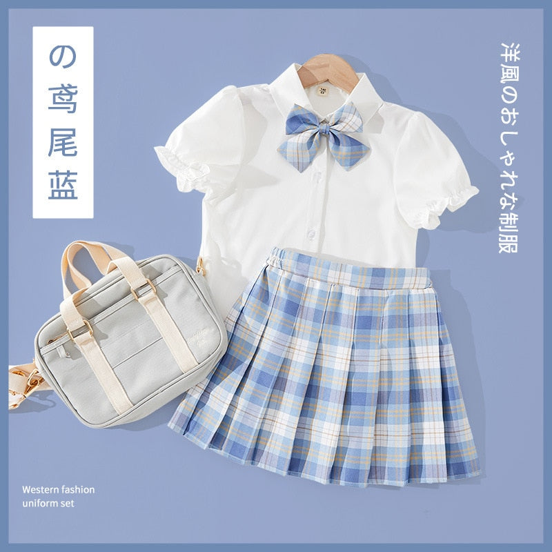 Girls Clothing Set - Short-Sleeved Shirt & Plaid Pleated Skirt