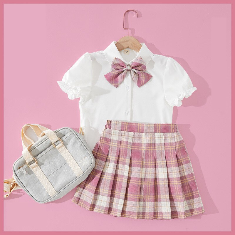 Girls Clothing Set - Short-Sleeved Shirt & Plaid Pleated Skirt
