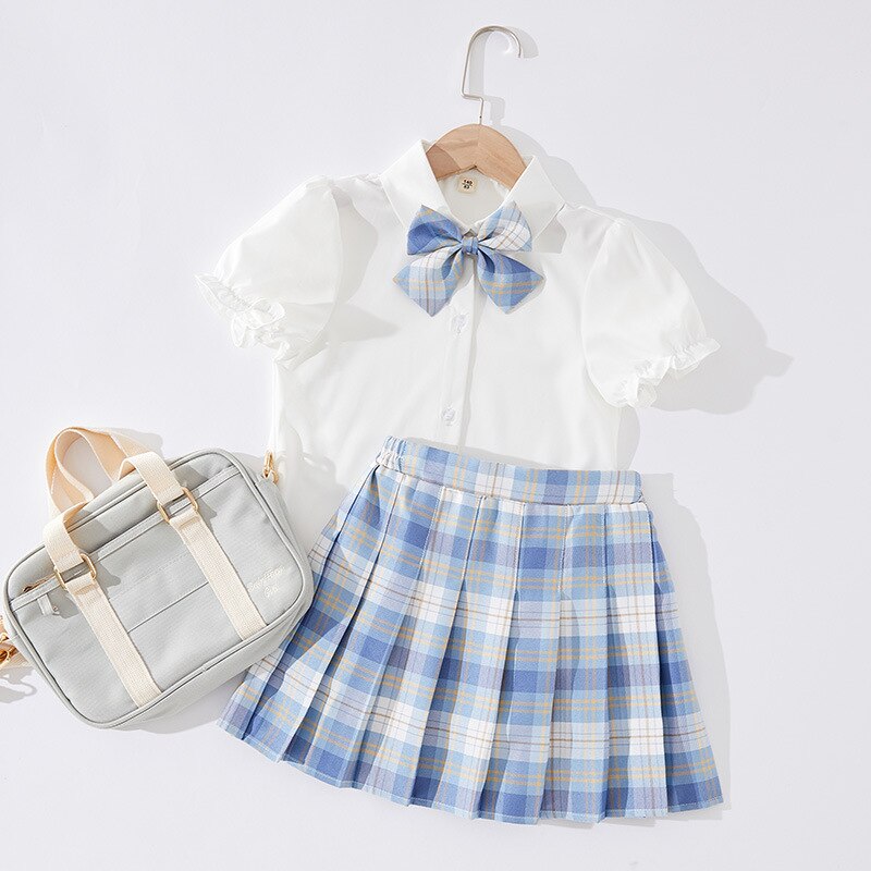 Girls Clothing Set - Short-Sleeved Shirt & Plaid Pleated Skirt