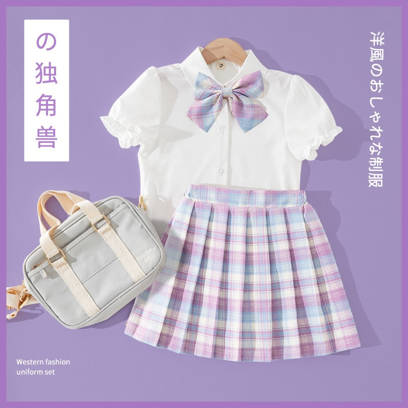 Girls Clothing Set - Short-Sleeved Shirt & Plaid Pleated Skirt