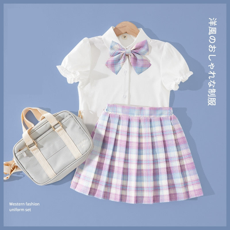 Girls Clothing Set - Short-Sleeved Shirt & Plaid Pleated Skirt