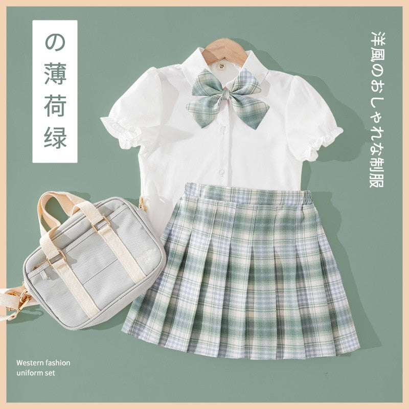 Girls Clothing Set - Short-Sleeved Shirt & Plaid Pleated Skirt