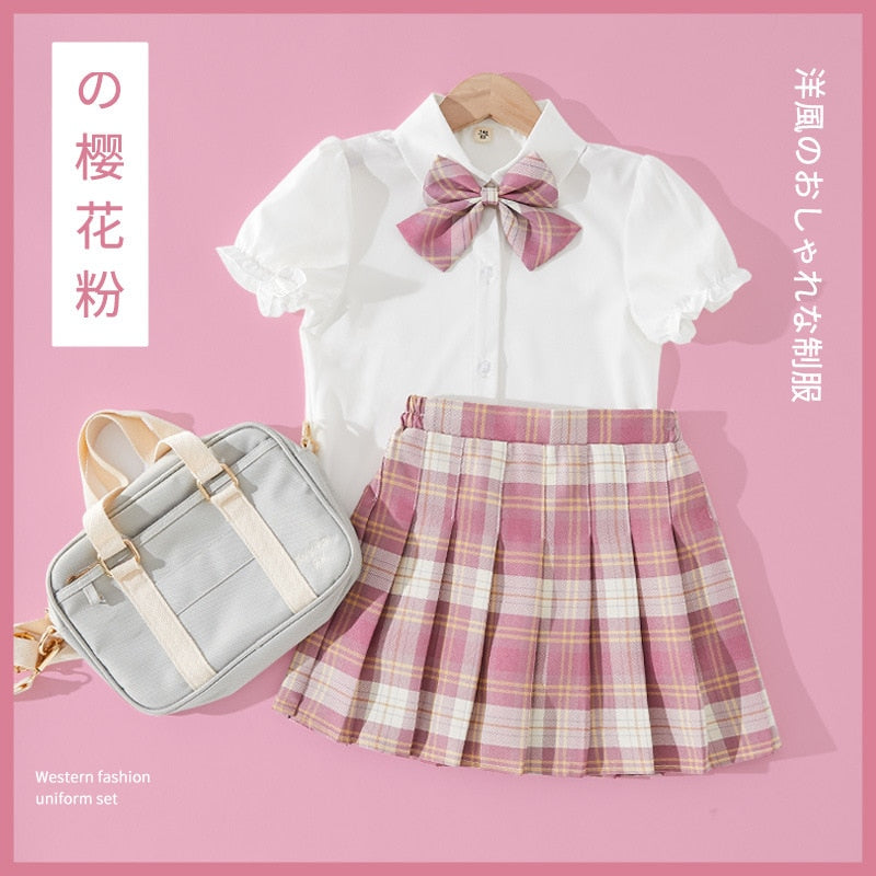 Girls Clothing Set - Short-Sleeved Shirt & Plaid Pleated Skirt