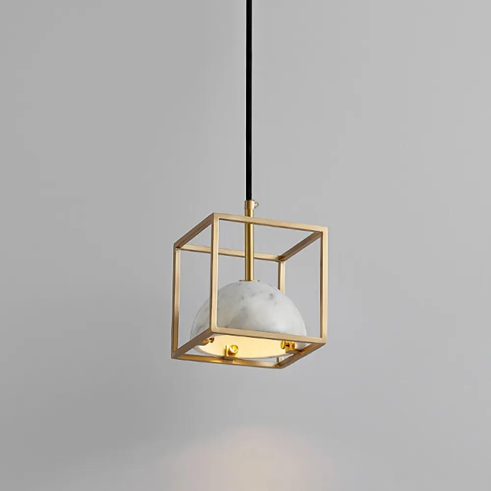Brass Geometric Pendant Light with White Faux Marble Shade