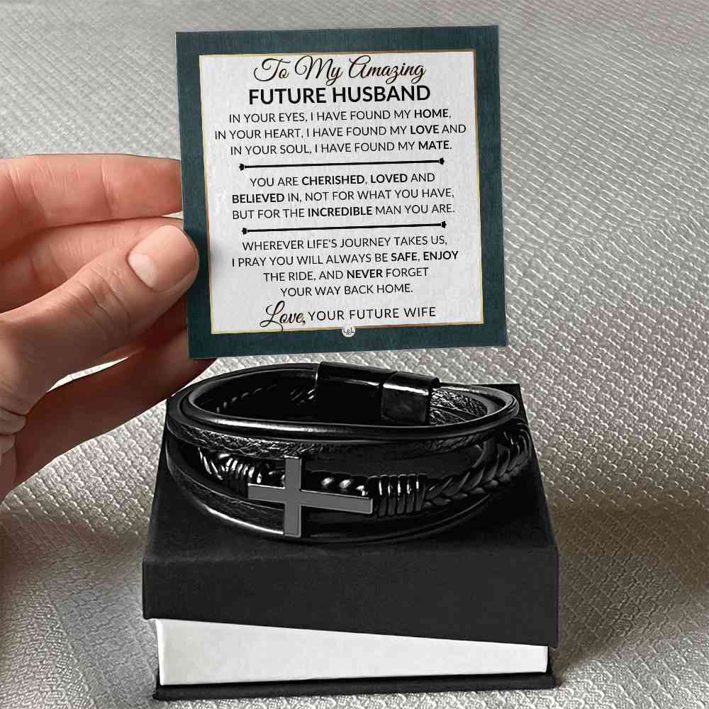 Romantic Gift For Future Husband - Mens Braided Leather Bracelet with Cross
