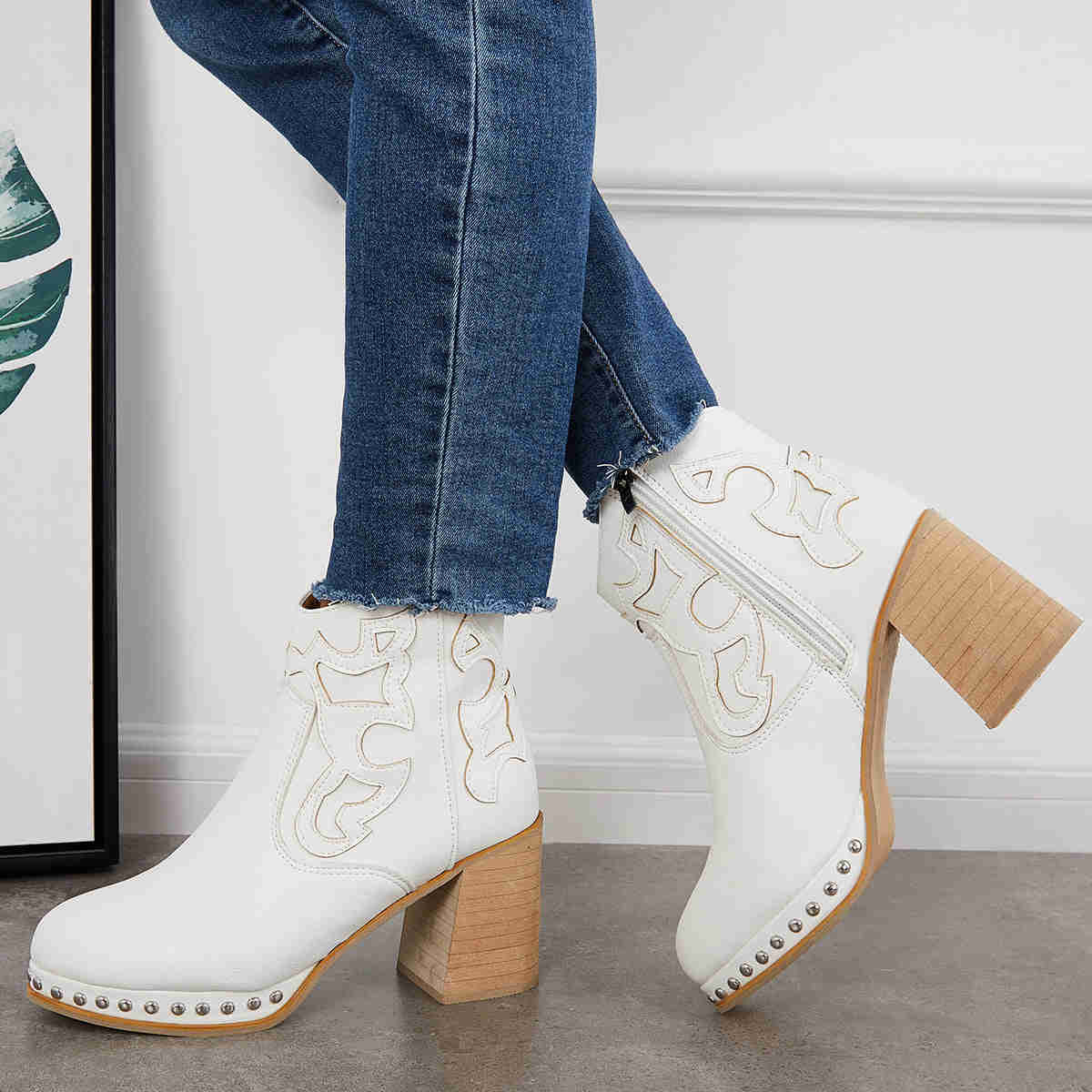 Embroidery Rivet Platform Chunky Heel Booties Western Cowgirl Ankle Boots