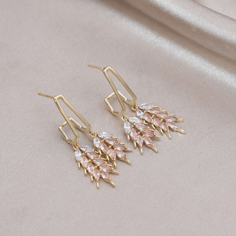 Elegant 14K Gold Plated Double Wheat Ear Pendant Earrings for Women