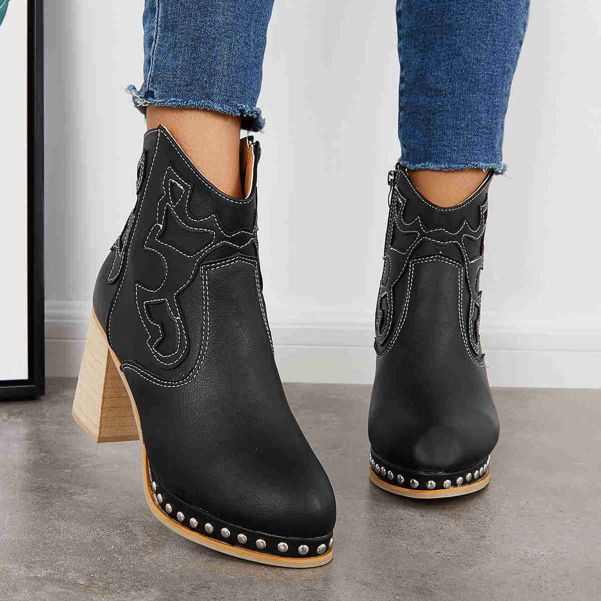 Embroidery Rivet Platform Chunky Heel Booties Western Cowgirl Ankle Boots