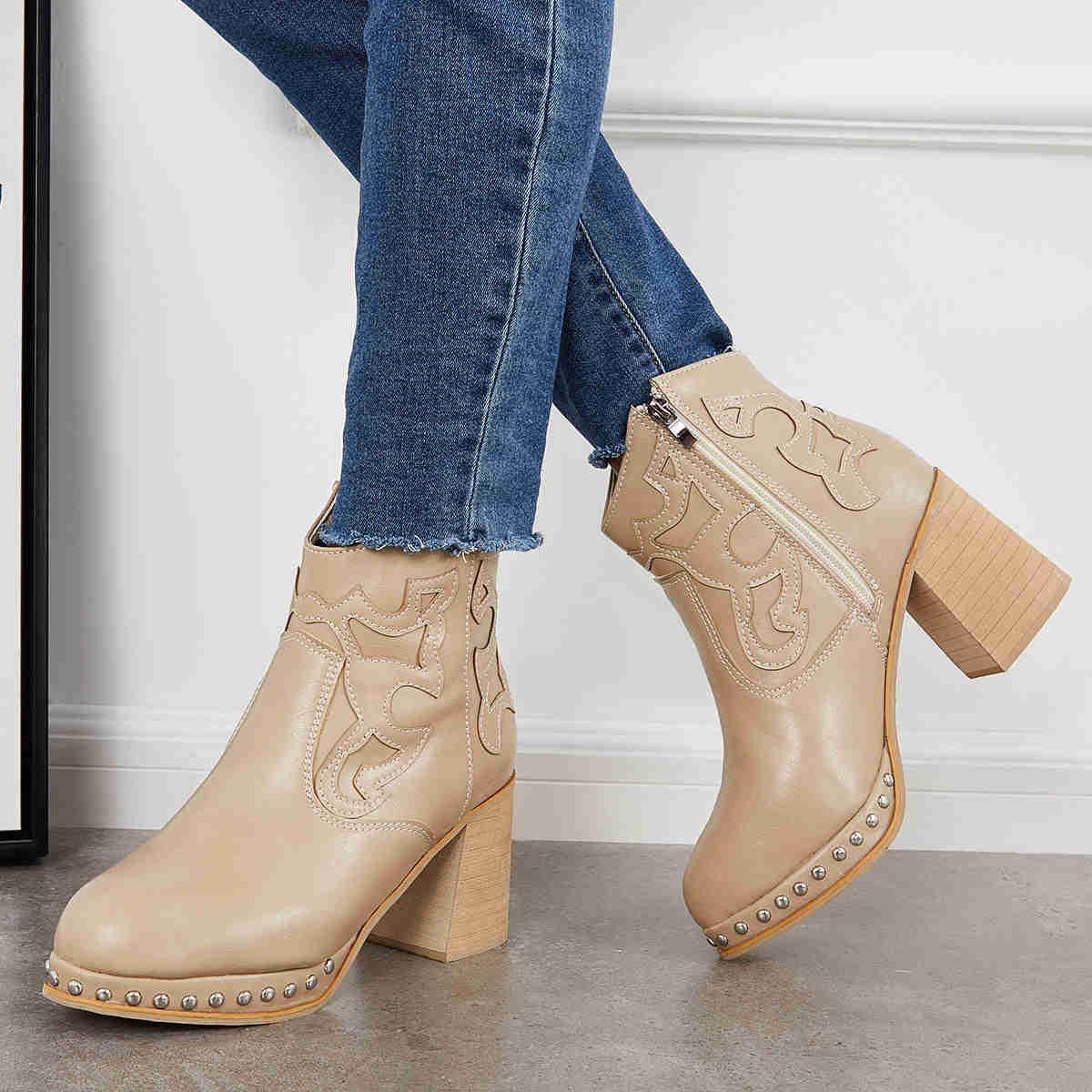 Embroidery Rivet Platform Chunky Heel Booties Western Cowgirl Ankle Boots