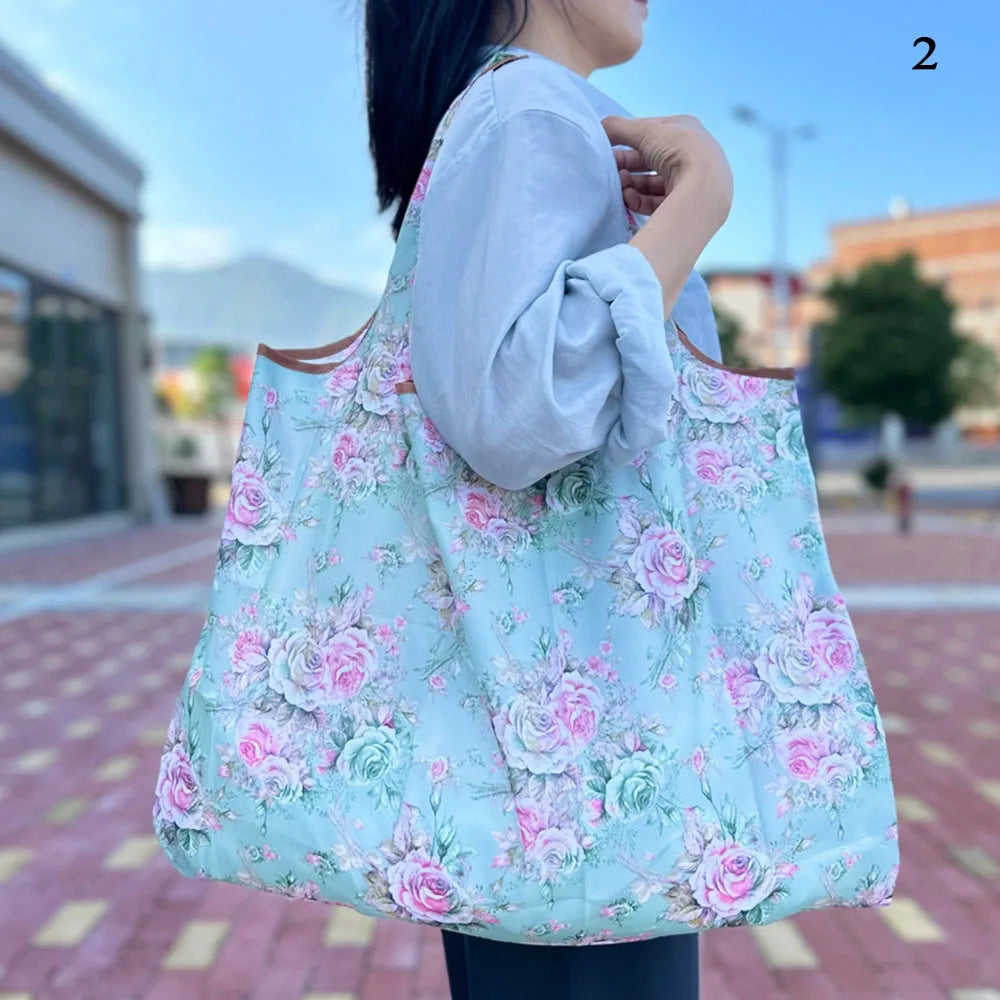 Reusable Eco Shopping Tote Bag with Floral Pattern - Large Capacity Waterproof Grocery Bag for Women