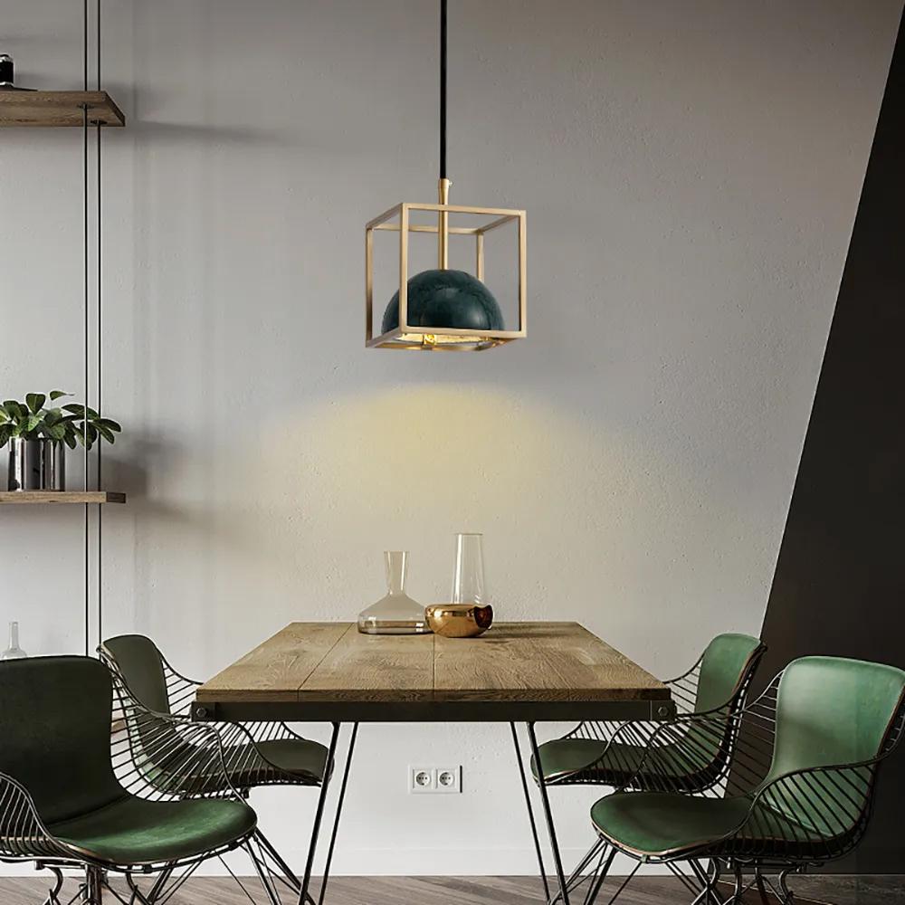 Brass Geometric Pendant Light with White Faux Marble Shade