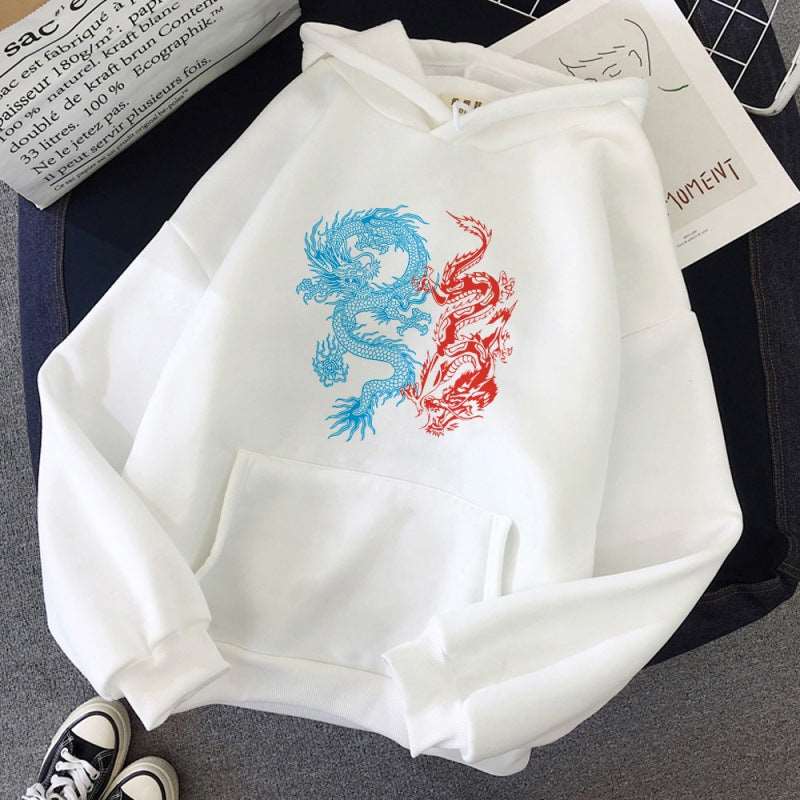 Red & Blue Dragon Printed Hoodie - Wool Lining Pullover