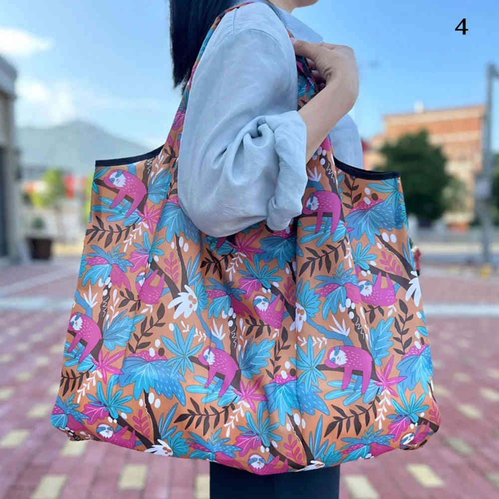 Reusable Eco Shopping Tote Bag with Floral Pattern - Large Capacity Waterproof Grocery Bag for Women