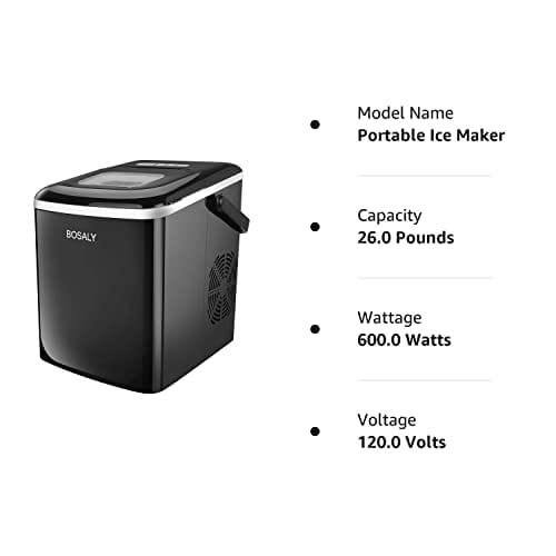 BOSALY Ice Maker Machine, 26lbs/24h, Portable with Ice Scoop & Basket for Home/Kitchen/Office/Bar