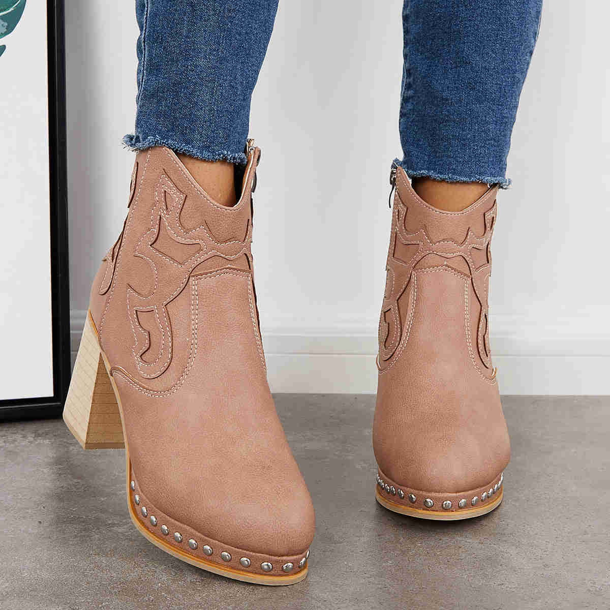 Embroidery Rivet Platform Chunky Heel Booties Western Cowgirl Ankle Boots