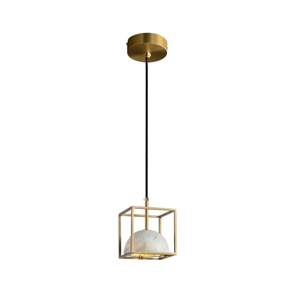 Brass Geometric Pendant Light with White Faux Marble Shade