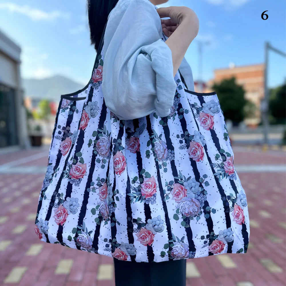 Reusable Eco Shopping Tote Bag with Floral Pattern - Large Capacity Waterproof Grocery Bag for Women