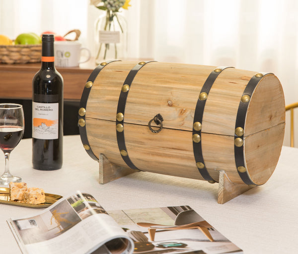 Vintage Wooden Wine Barrel Shaped Treasure Chest - Decorative Wine Holder