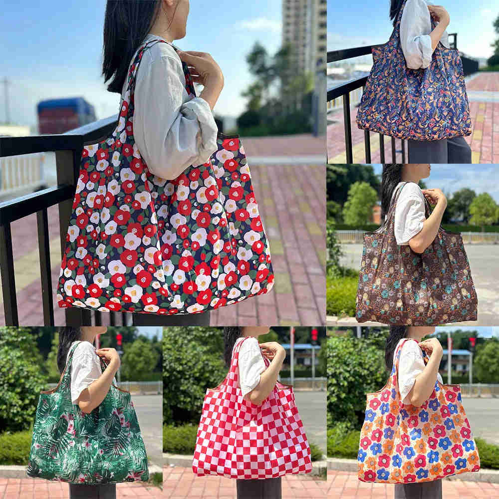 Reusable Eco Shopping Tote Bag with Floral Pattern - Large Capacity Waterproof Grocery Bag for Women