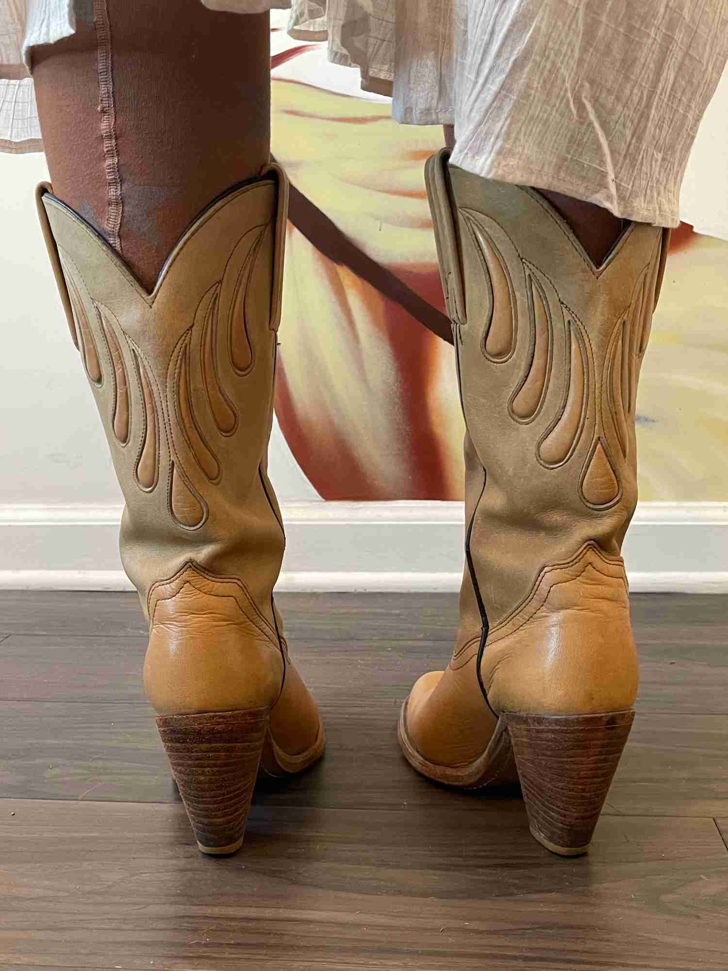 Vintage Frye Natural Stacked Heel Cowboy Boot - 1980s