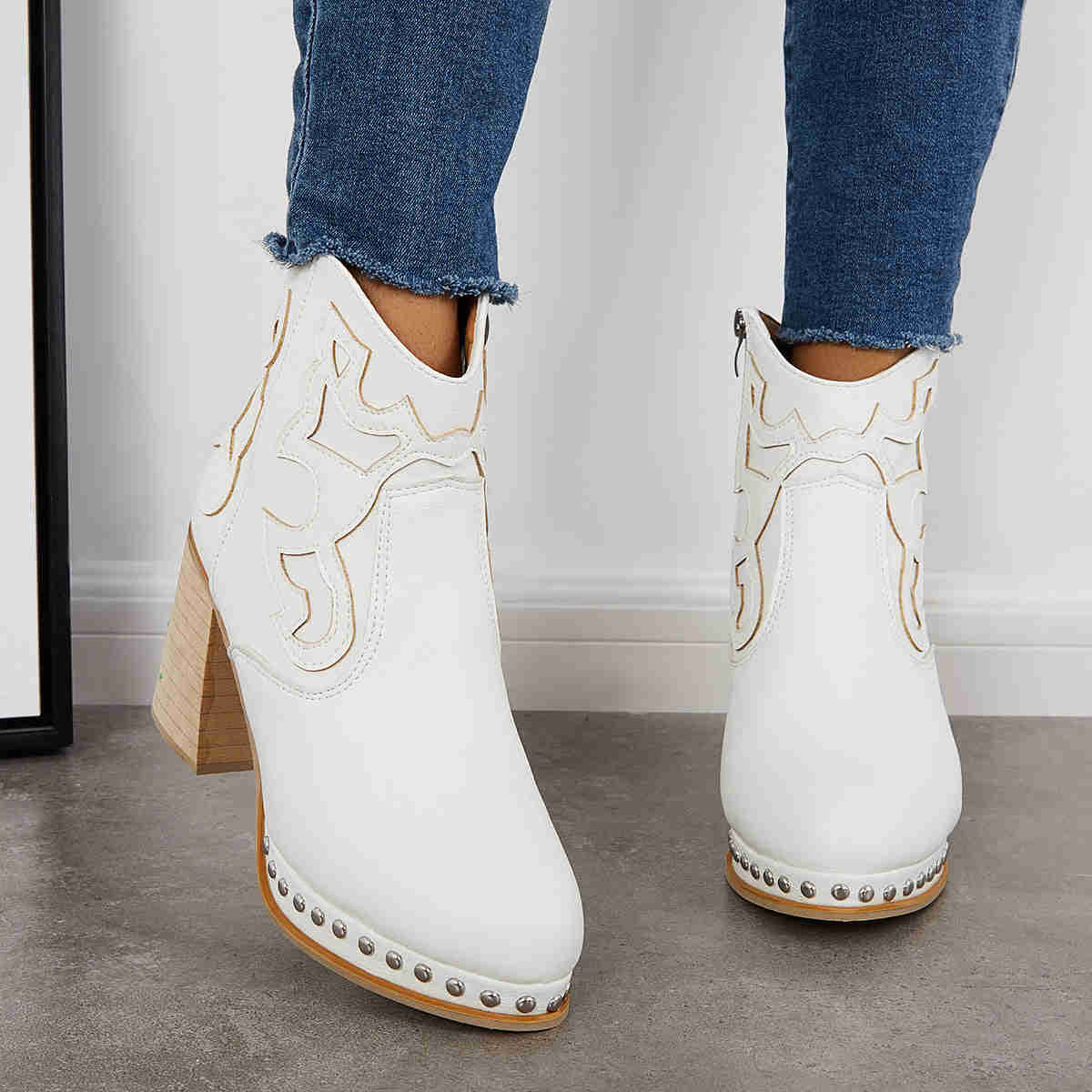 Embroidery Rivet Platform Chunky Heel Booties Western Cowgirl Ankle Boots
