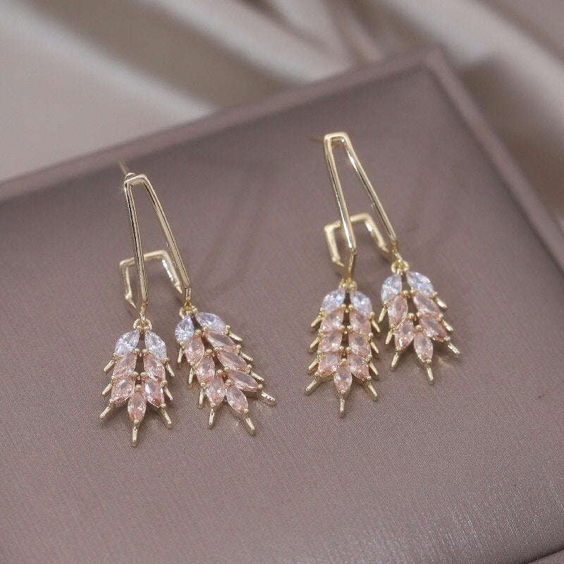 Elegant 14K Gold Plated Double Wheat Ear Pendant Earrings for Women