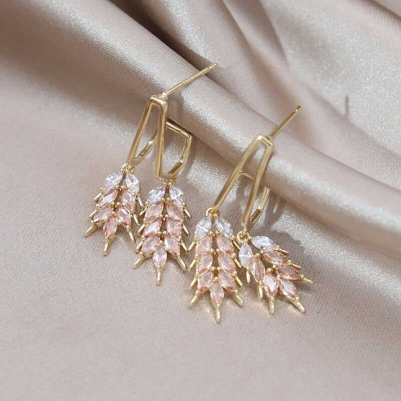 Elegant 14K Gold Plated Double Wheat Ear Pendant Earrings for Women