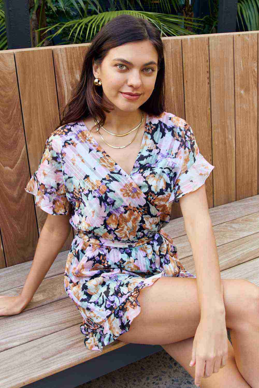 Nowena Stylish Women Plus Size Floral Tie Belt Ruffled Romper - Black/Pink