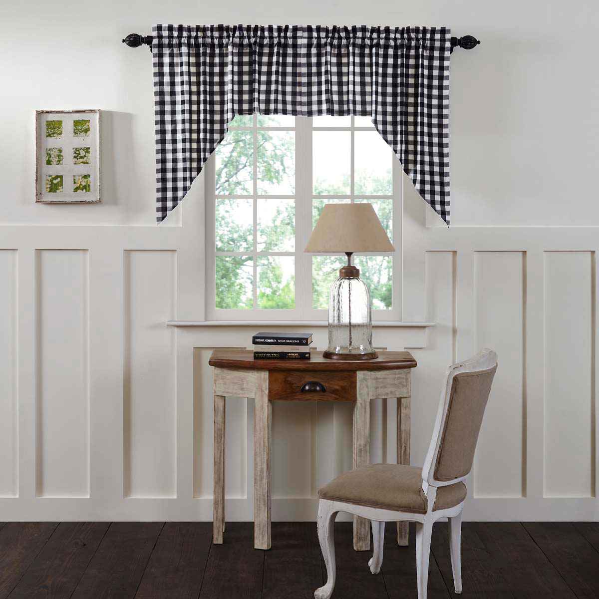 Sable Ann Buffalo Check Swag Curtains - Black and White Cotton Lined Window Decor