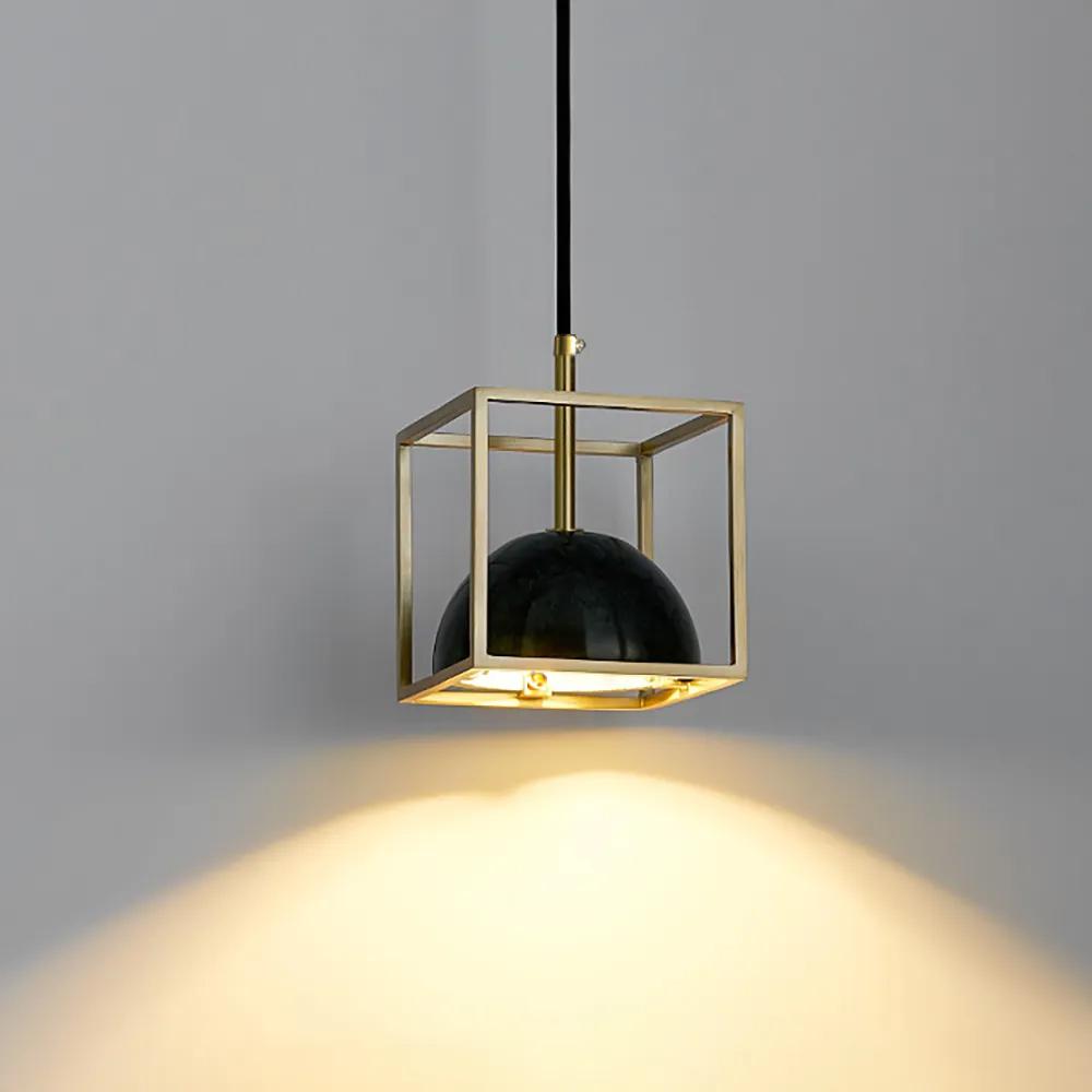 Brass Geometric Pendant Light with White Faux Marble Shade