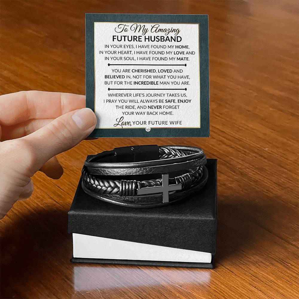 Romantic Gift For Future Husband - Mens Braided Leather Bracelet with Cross