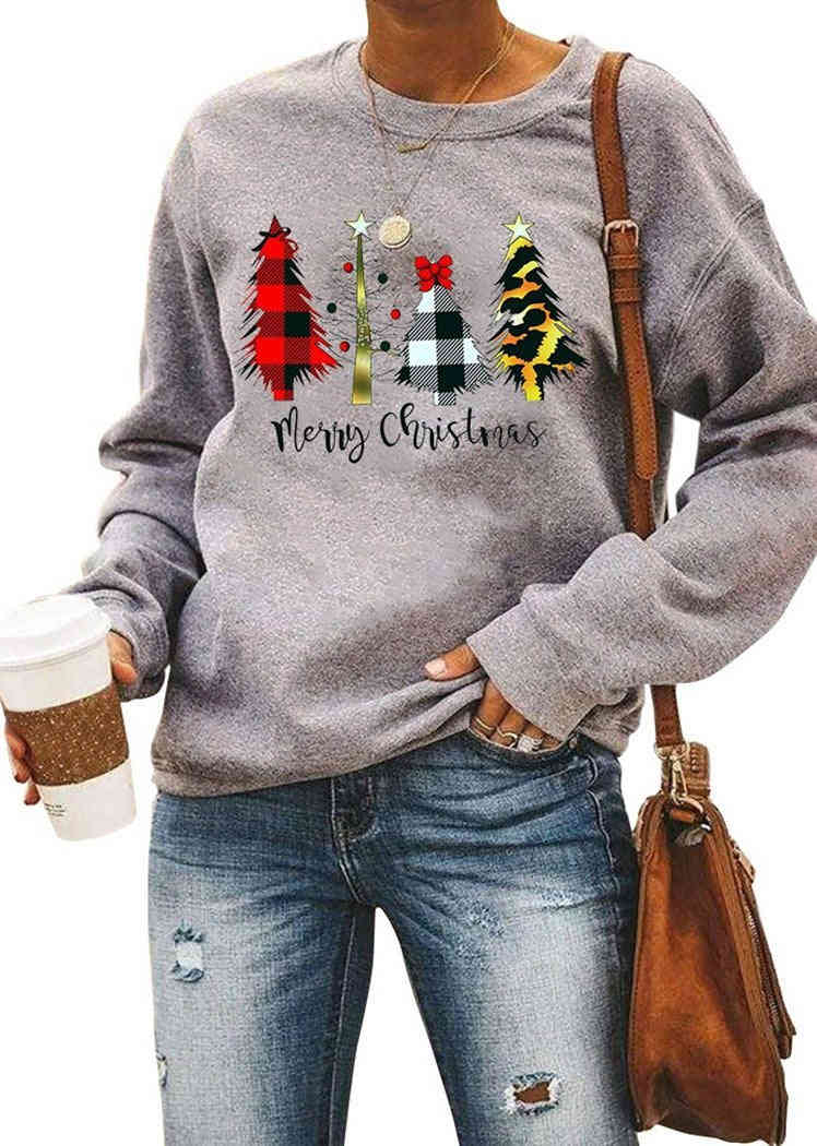 Fashion Christmas Tree Printing Long Sleeve Round Neck Sweatshirt Tops For Women
