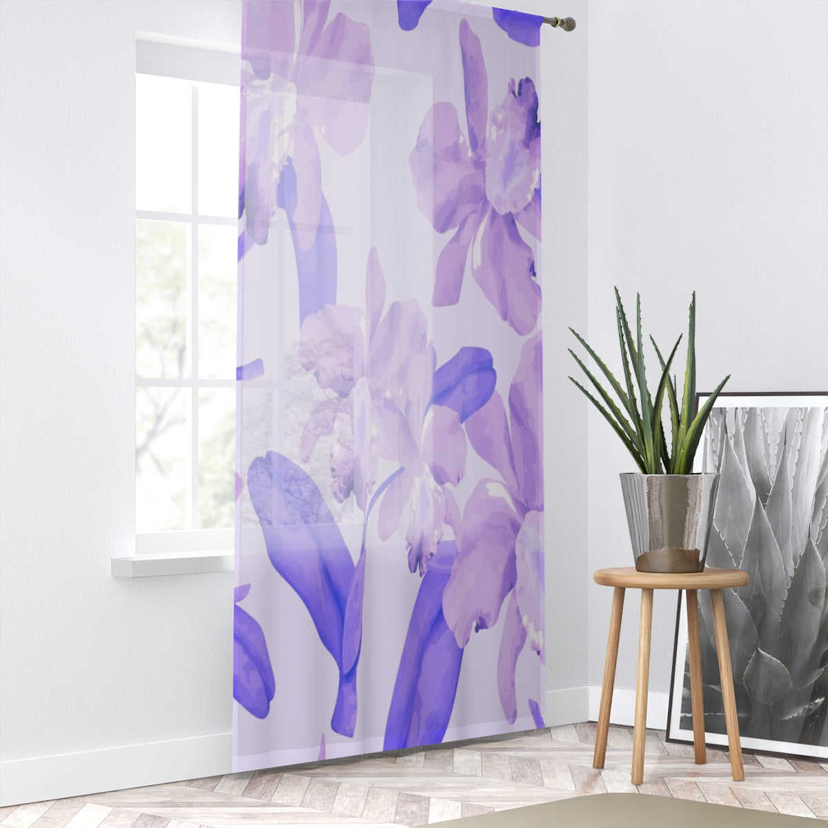 PURPLE DAFFODIL DRAWN ART - SHEER Window Curtain