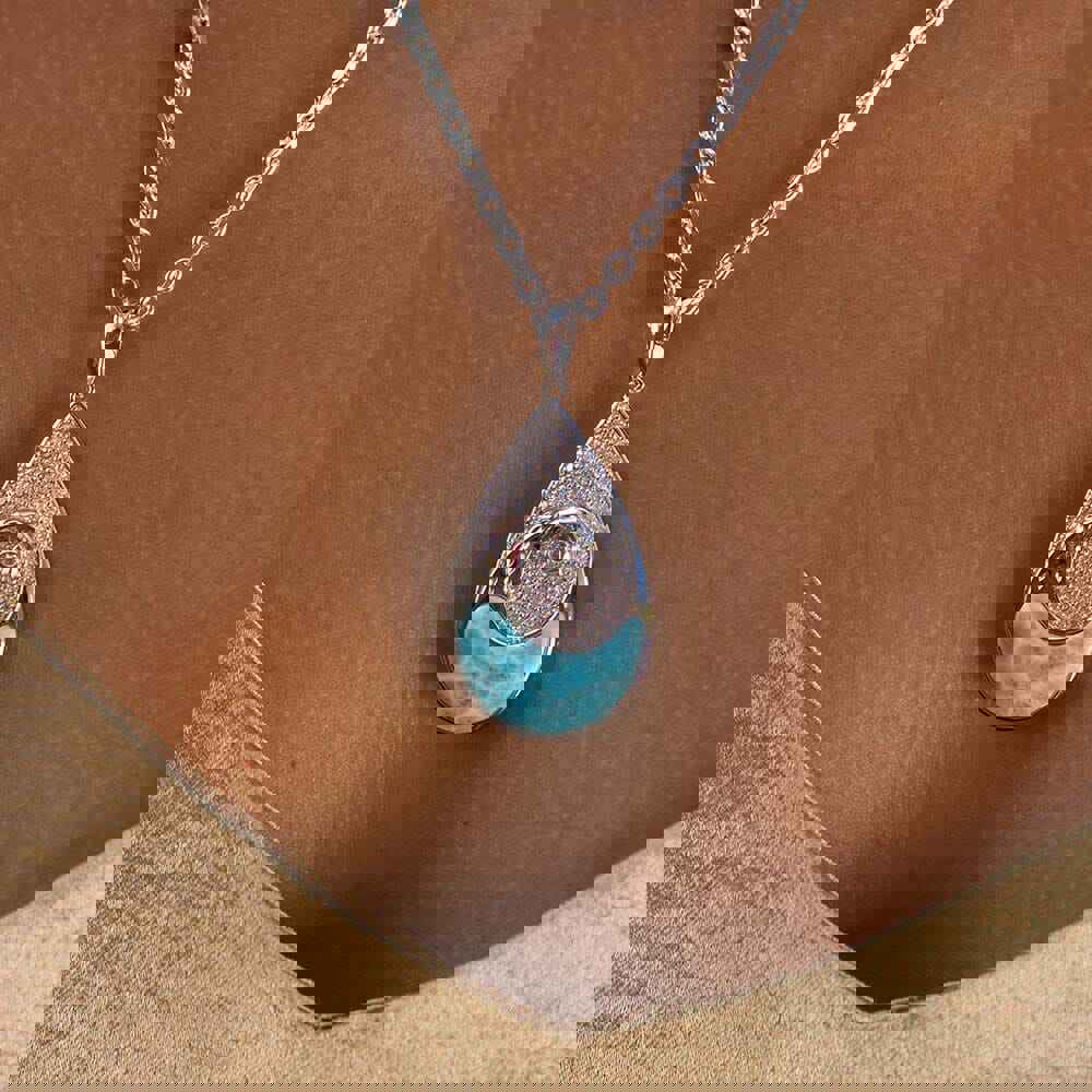 Larimar Nalu Teardrop Pendant - 925 Sterling Silver with White Topaz