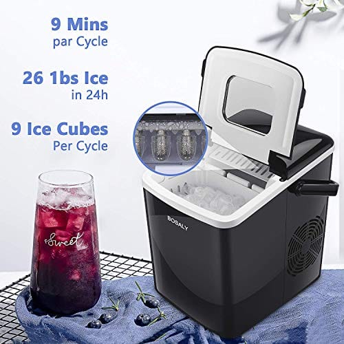BOSALY Ice Maker Machine, 26lbs/24h, Portable with Ice Scoop & Basket for Home/Kitchen/Office/Bar