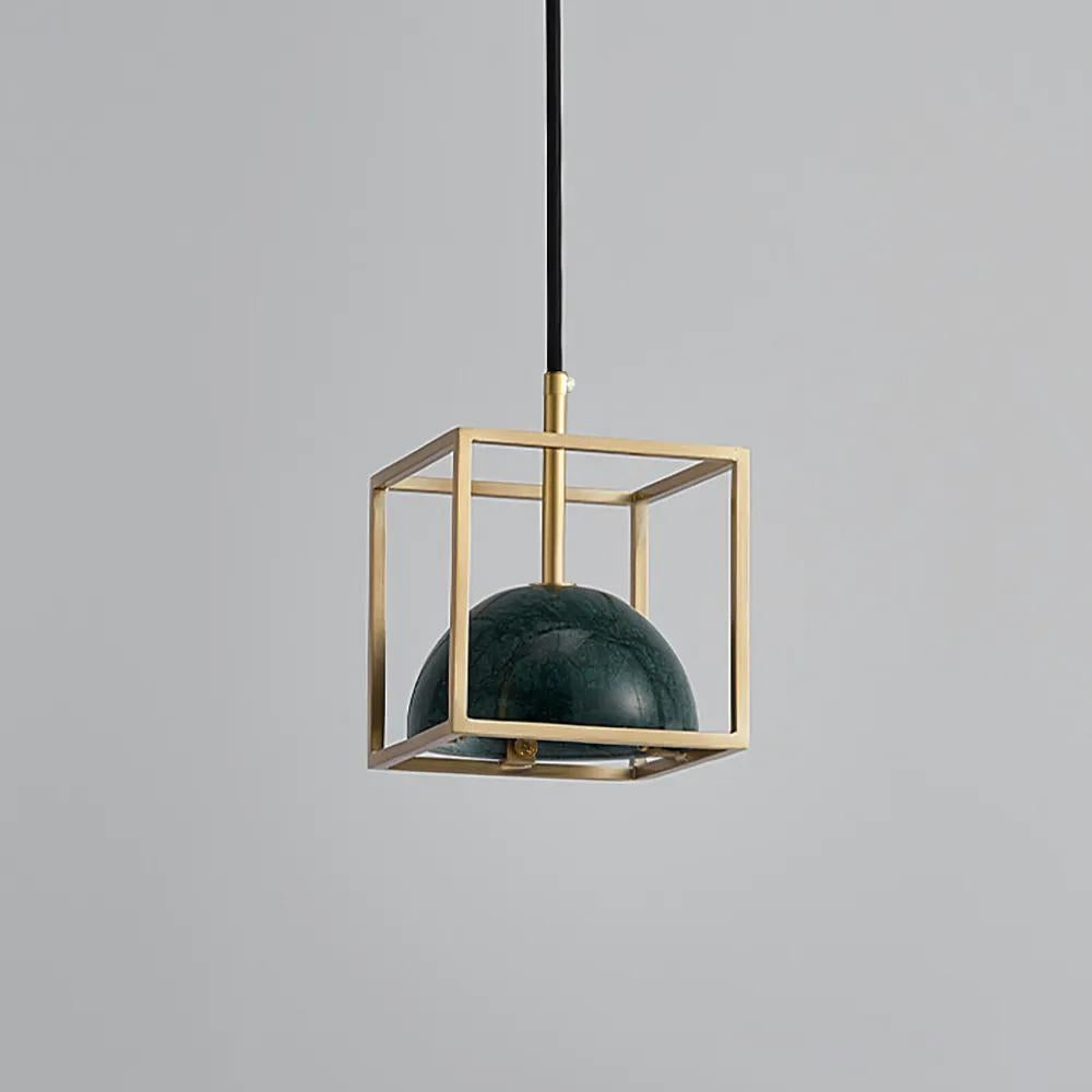Brass Geometric Pendant Light with White Faux Marble Shade